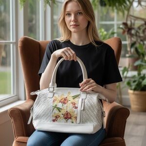 Sharif White and Floral Satchel